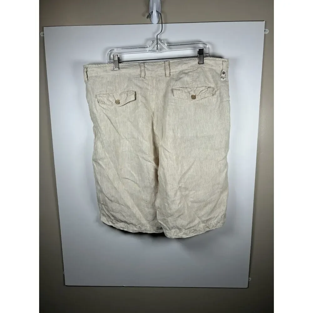 Tommy Bahama Relax Mens 38 100% Linen Shorts Tan Stripe Flat Front Old Money